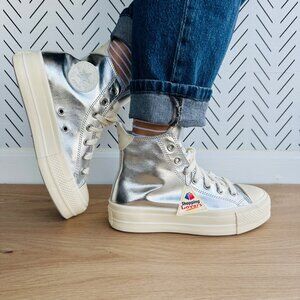 ⭐CONVERSE All Star Lift Hi Sz 7 Women Shoes Metallic Silver Sneaker A09902C Glam